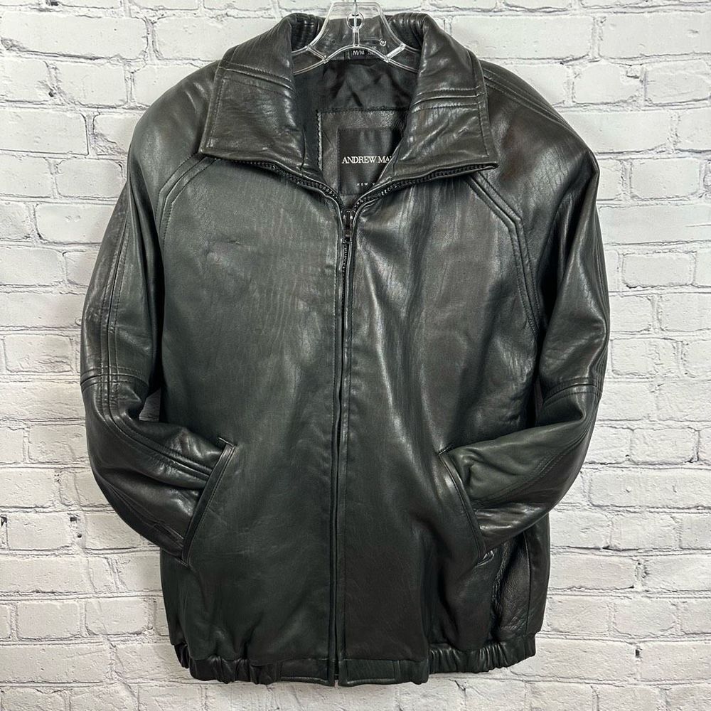 Andrew Marc Mens Lined Leather Jacket Buttery Soft Black Back Stitching Detail M